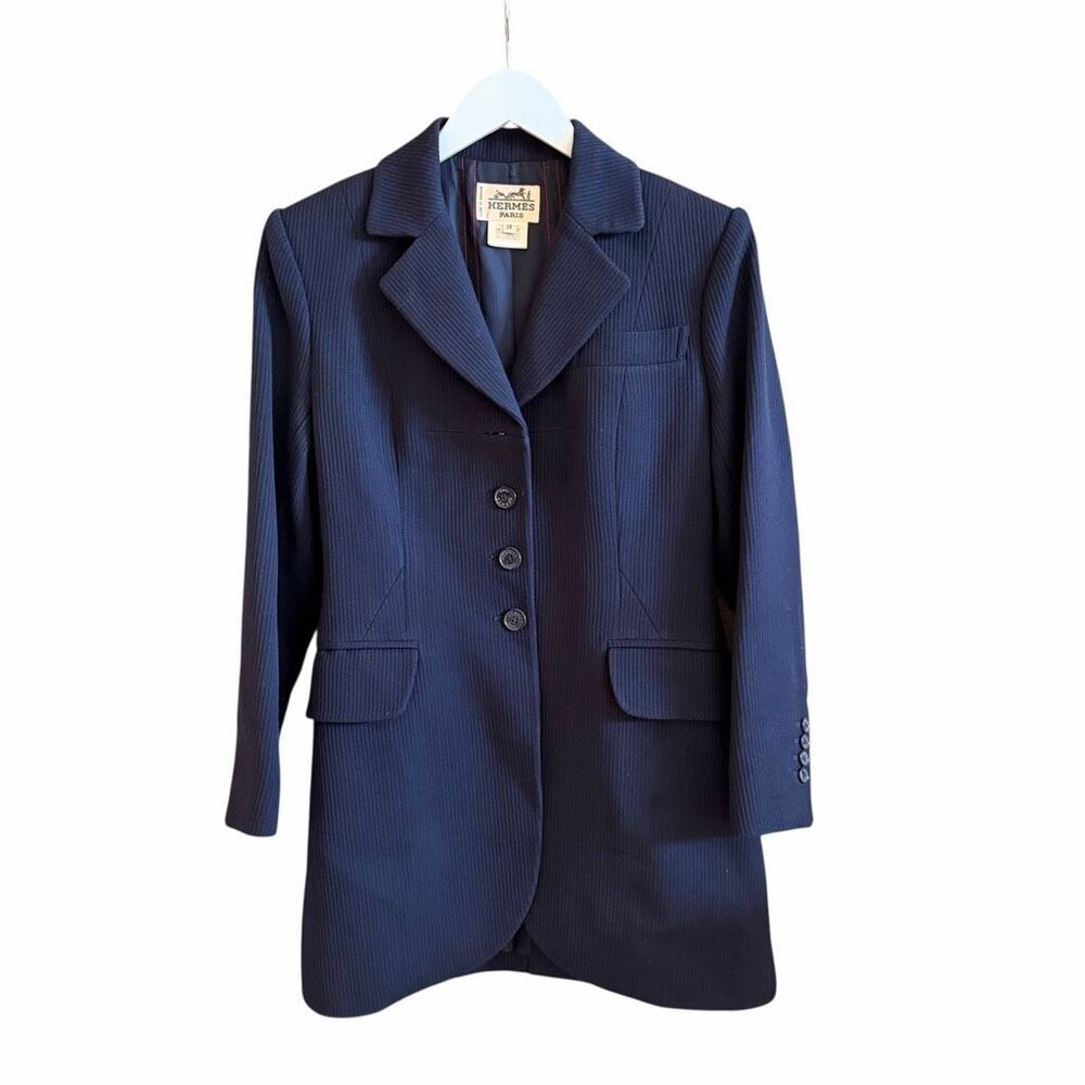 Hermès Paris Vintage Y2K Women’s Navy Pinstripe Wool Coat Blazer SZ EU 38 / US 6 - Picture 2 of 15